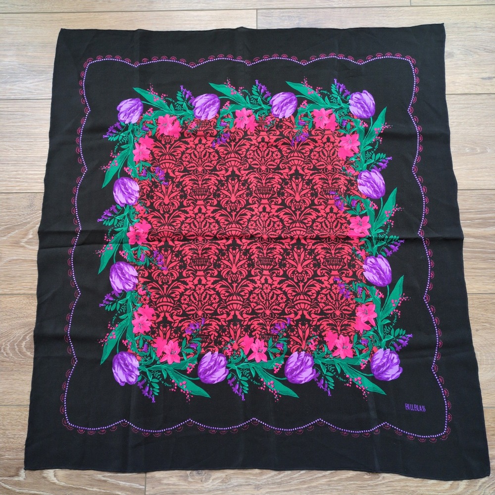 Vtg Bill Blass Silk Scarf -‎ Black Purple Pink Red Floral Damask 28" Square